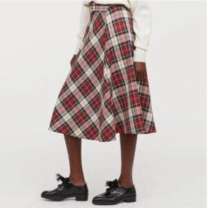 NEW H&M Red Tartan Plaid Belted Circle Midi Skirt NWT Christmas Holiday Academia